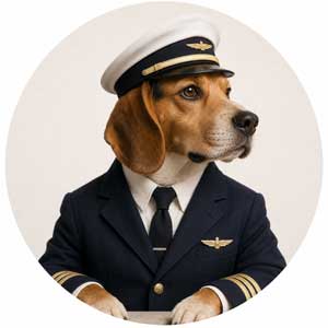 Medienmotor-pr-paket-pilot » Comprisma | Pr-agentur München Beagle Wearing a Captain's uniform with hat and insignia, paws resting on a desk.