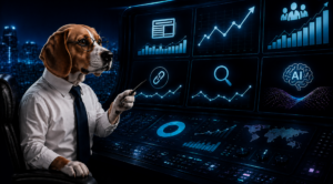 Beagle in a white shirt and glasses points at futuristic dashboards filled with charts and AI icons.